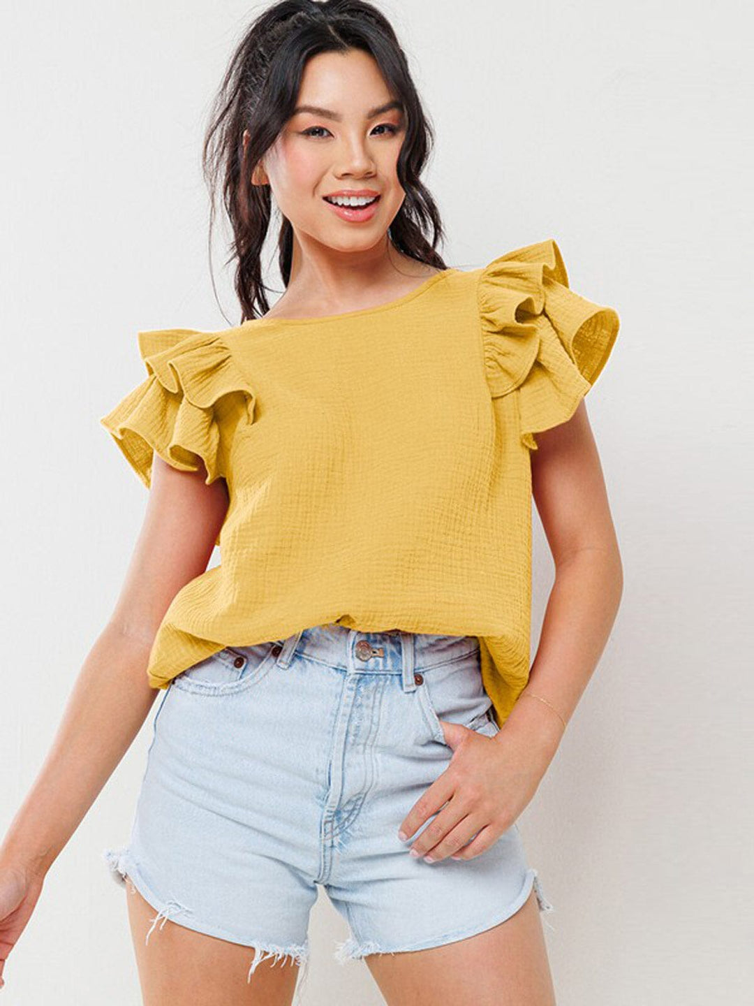 WOMEN'S SHORT RUFFLE SLEEVE TUNIC BLOUSE TOP