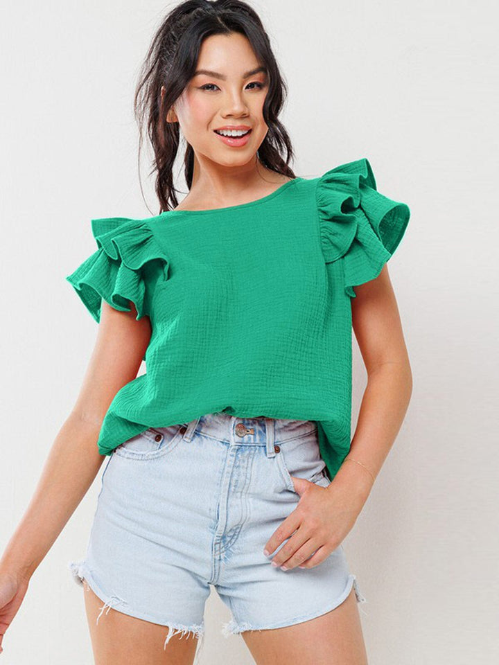 WOMEN'S SHORT RUFFLE SLEEVE TUNIC BLOUSE TOP