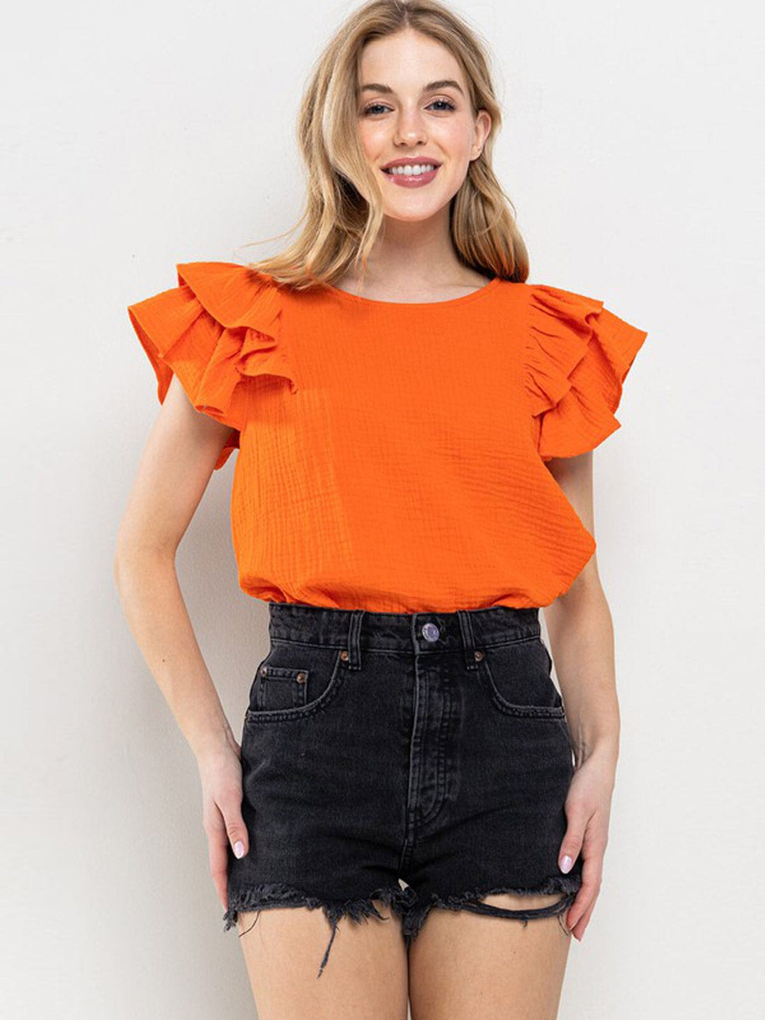 WOMEN'S SHORT RUFFLE SLEEVE TUNIC BLOUSE TOP