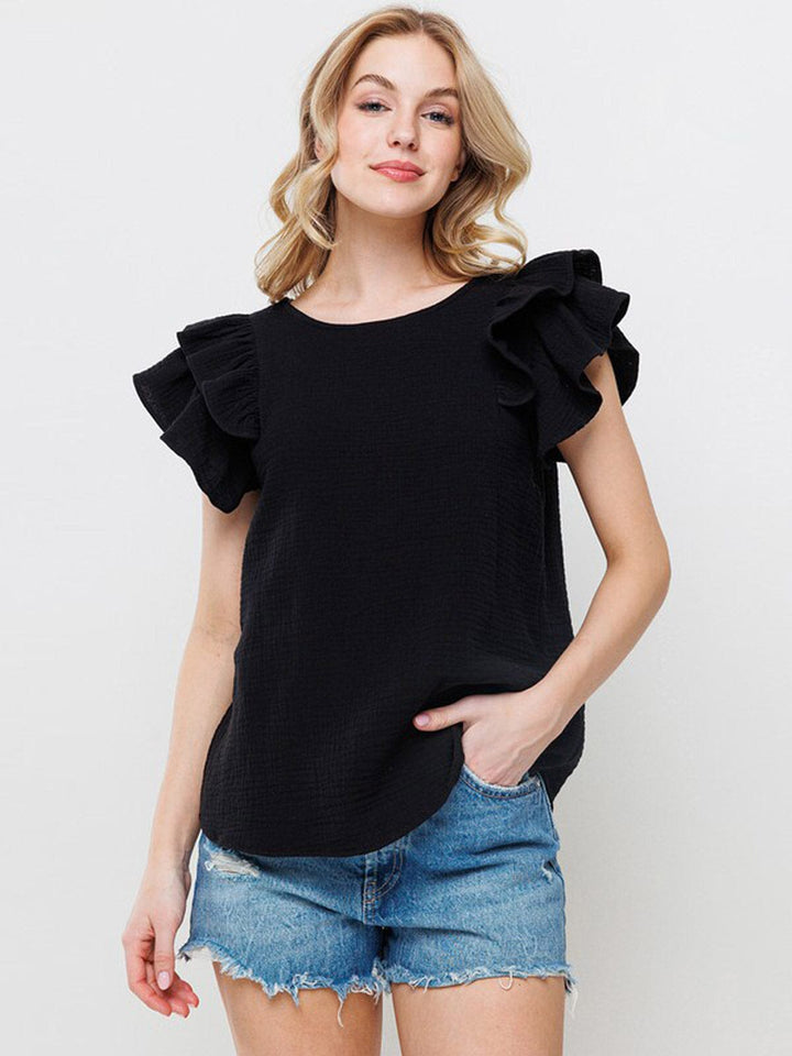 WOMEN'S SHORT RUFFLE SLEEVE TUNIC BLOUSE TOP