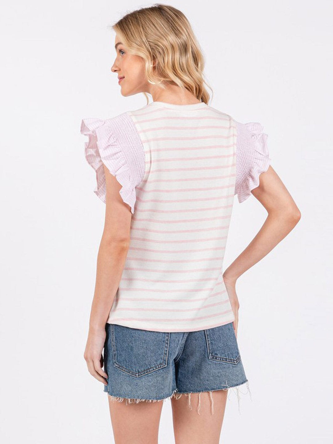 WOMEN'S SHORT RUFFLE SLEEVE STRIPES COLORBLOCK TOP