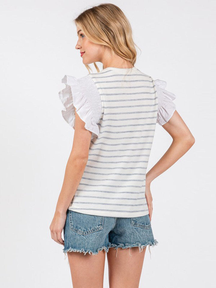 WOMEN'S SHORT RUFFLE SLEEVE STRIPES COLORBLOCK TOP