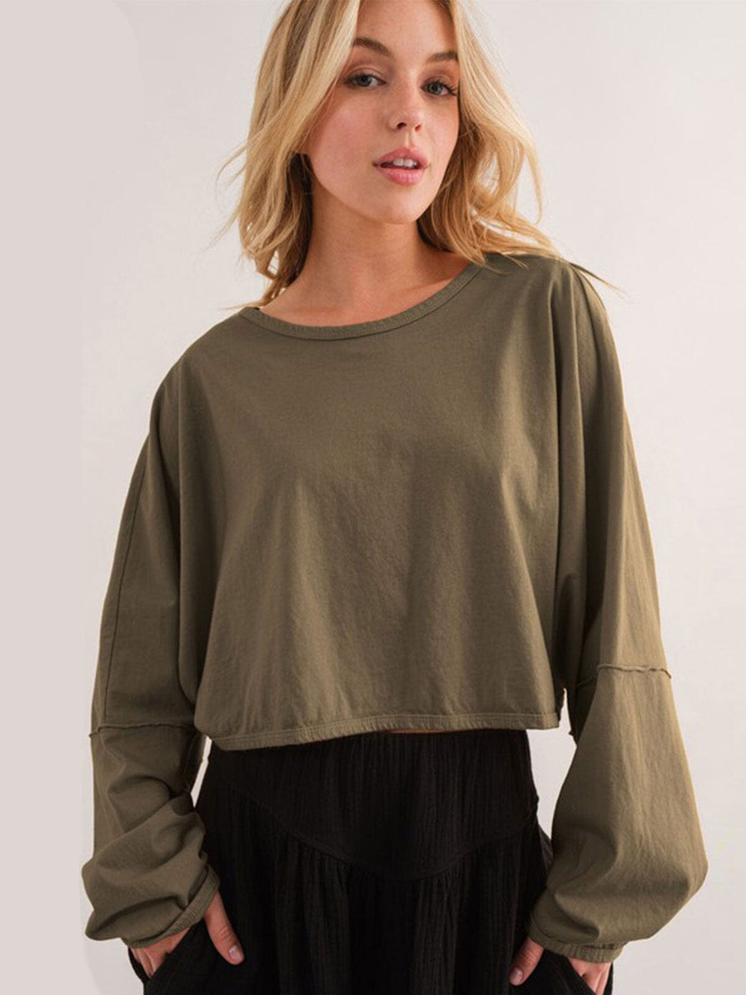 WOMEN'S LONG SLEEVE ELASTIC WAIST SOLID TOP