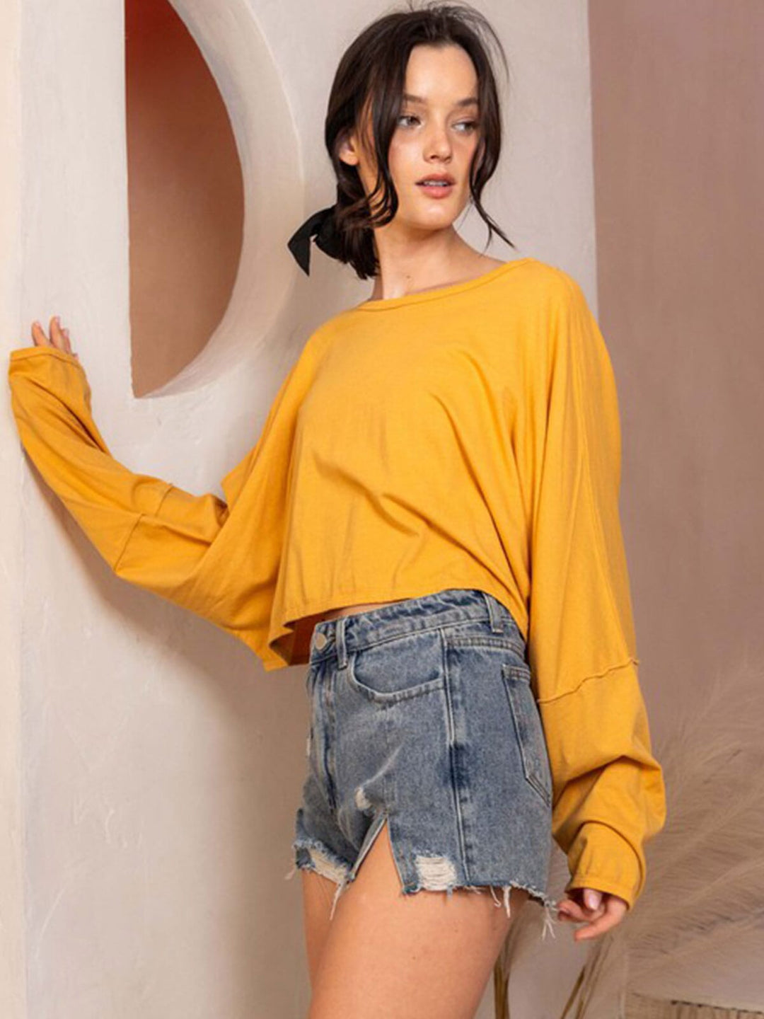 WOMEN'S LONG SLEEVE ELASTIC WAIST SOLID TOP