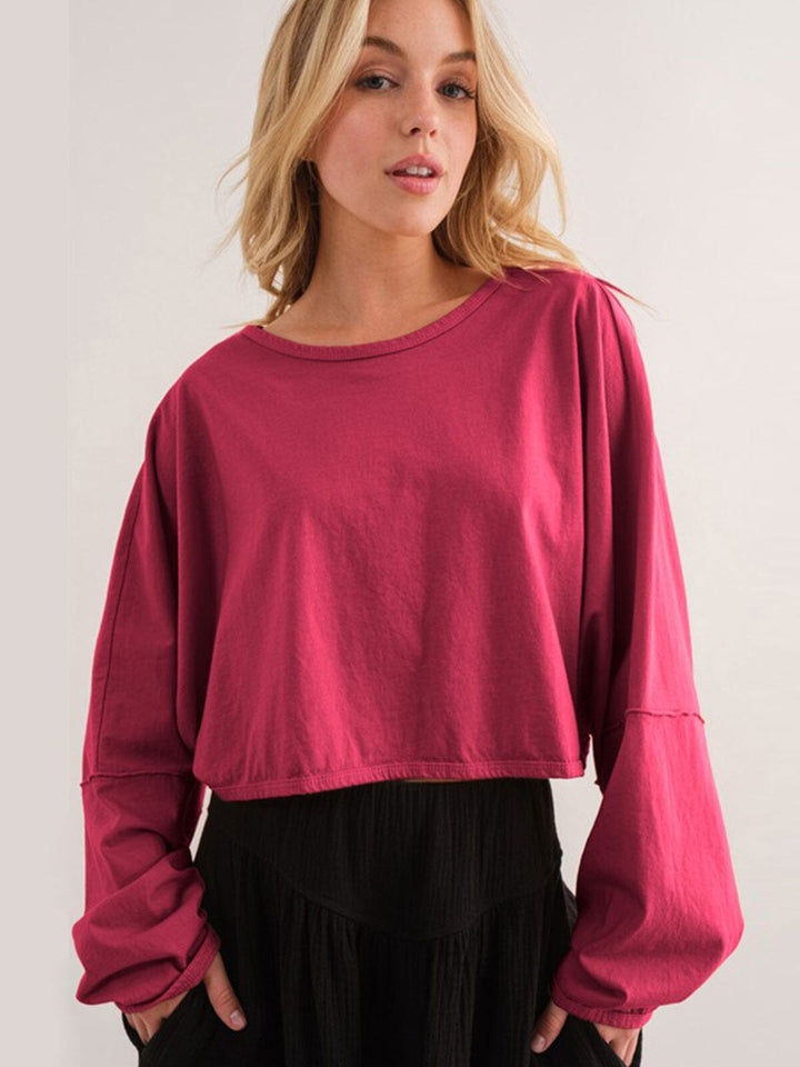 WOMEN'S LONG SLEEVE ELASTIC WAIST SOLID TOP