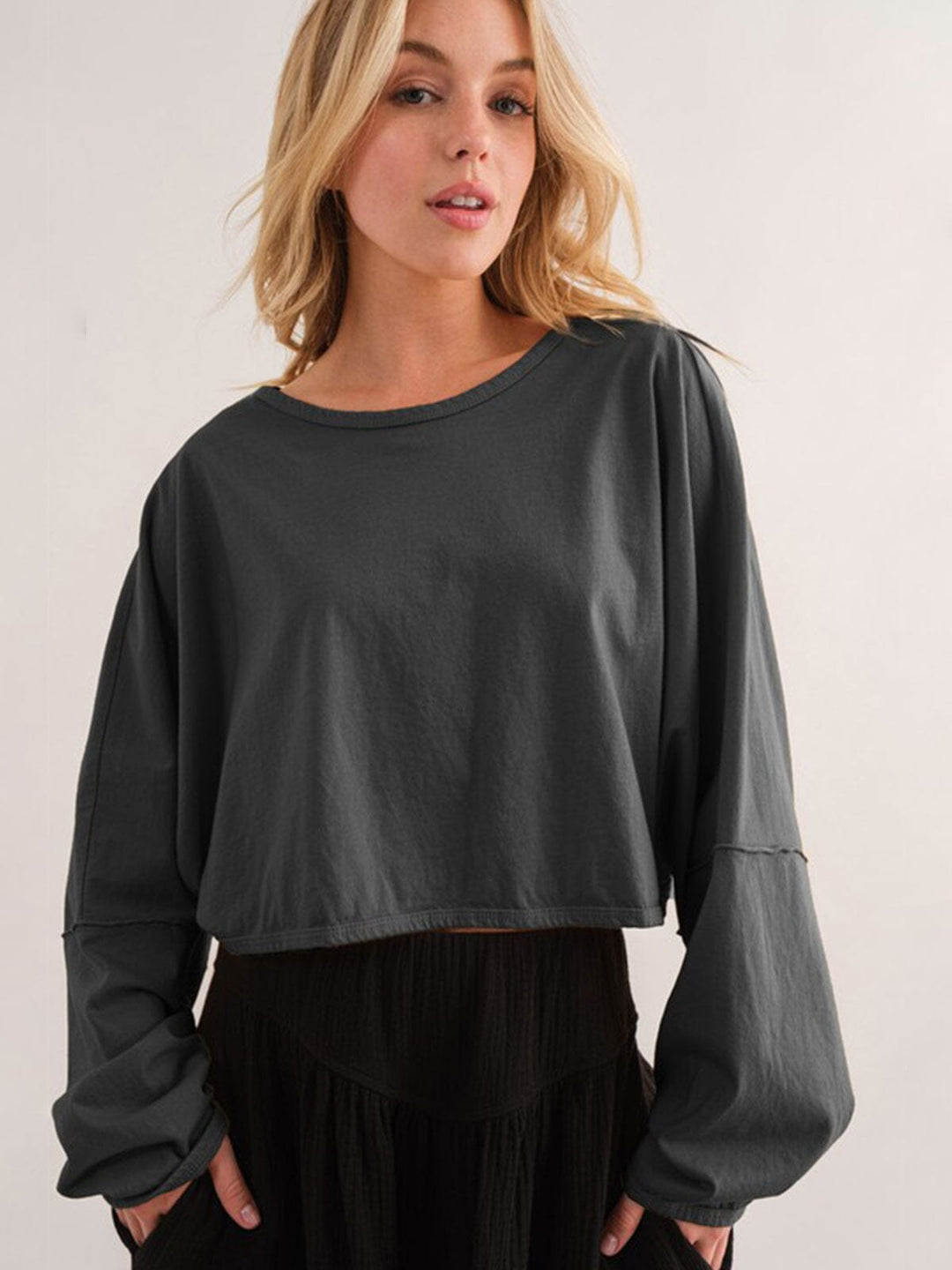 WOMEN'S LONG SLEEVE ELASTIC WAIST SOLID TOP