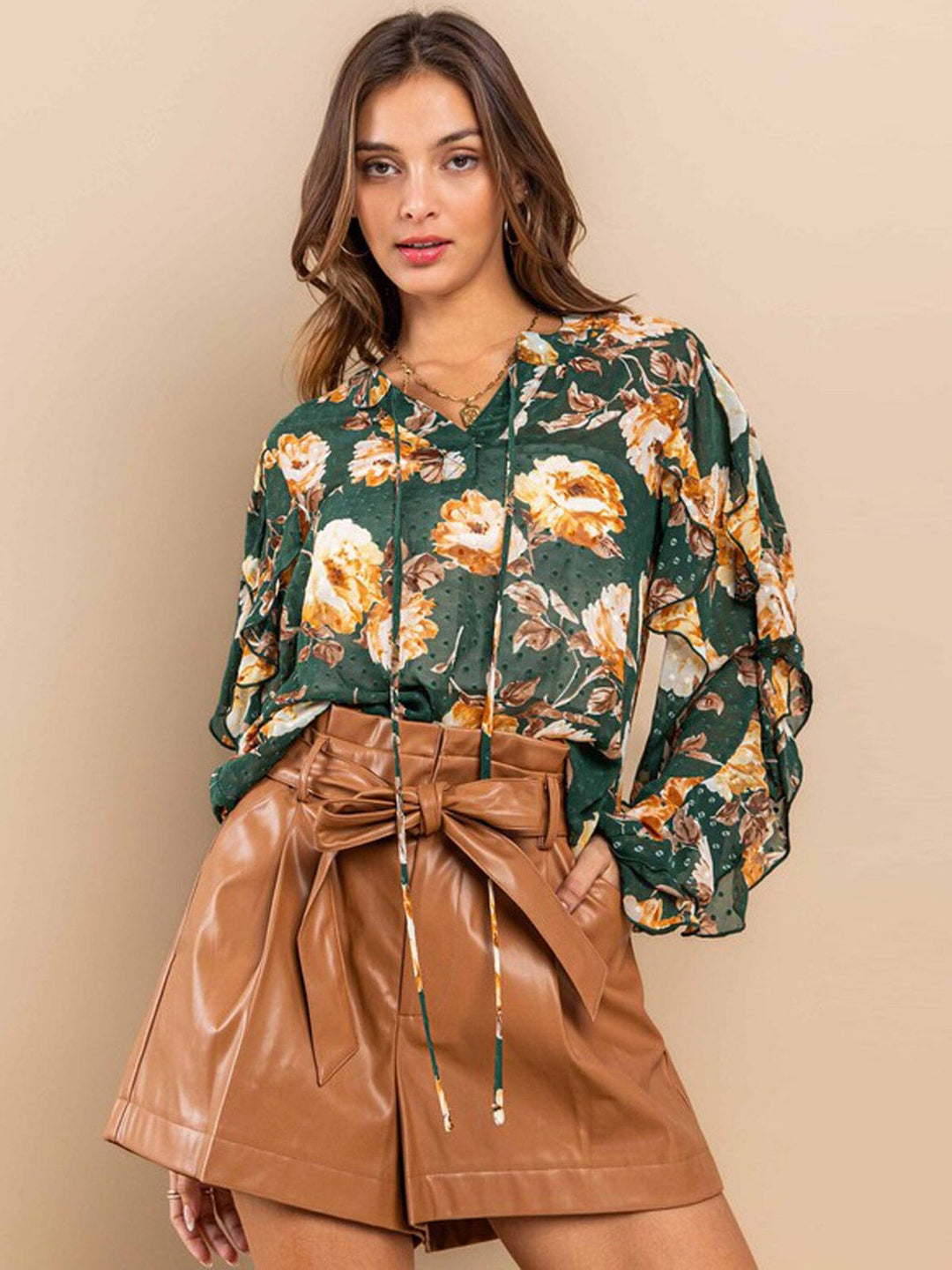 WOMEN'S LONG RUFFLE SLEEVE V-NECK FLORAL BLOUSE