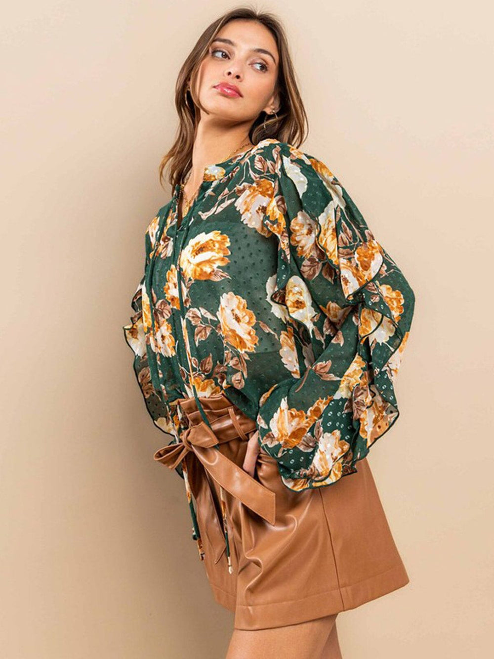 WOMEN'S LONG RUFFLE SLEEVE V-NECK FLORAL BLOUSE