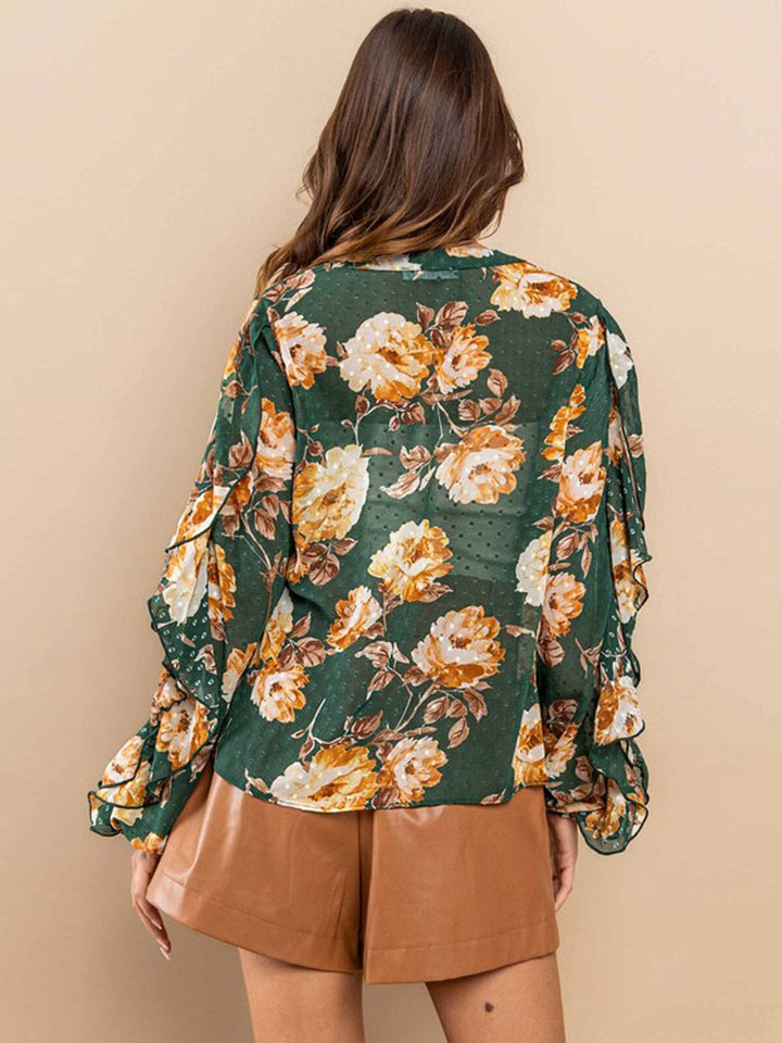 WOMEN'S LONG RUFFLE SLEEVE V-NECK FLORAL BLOUSE