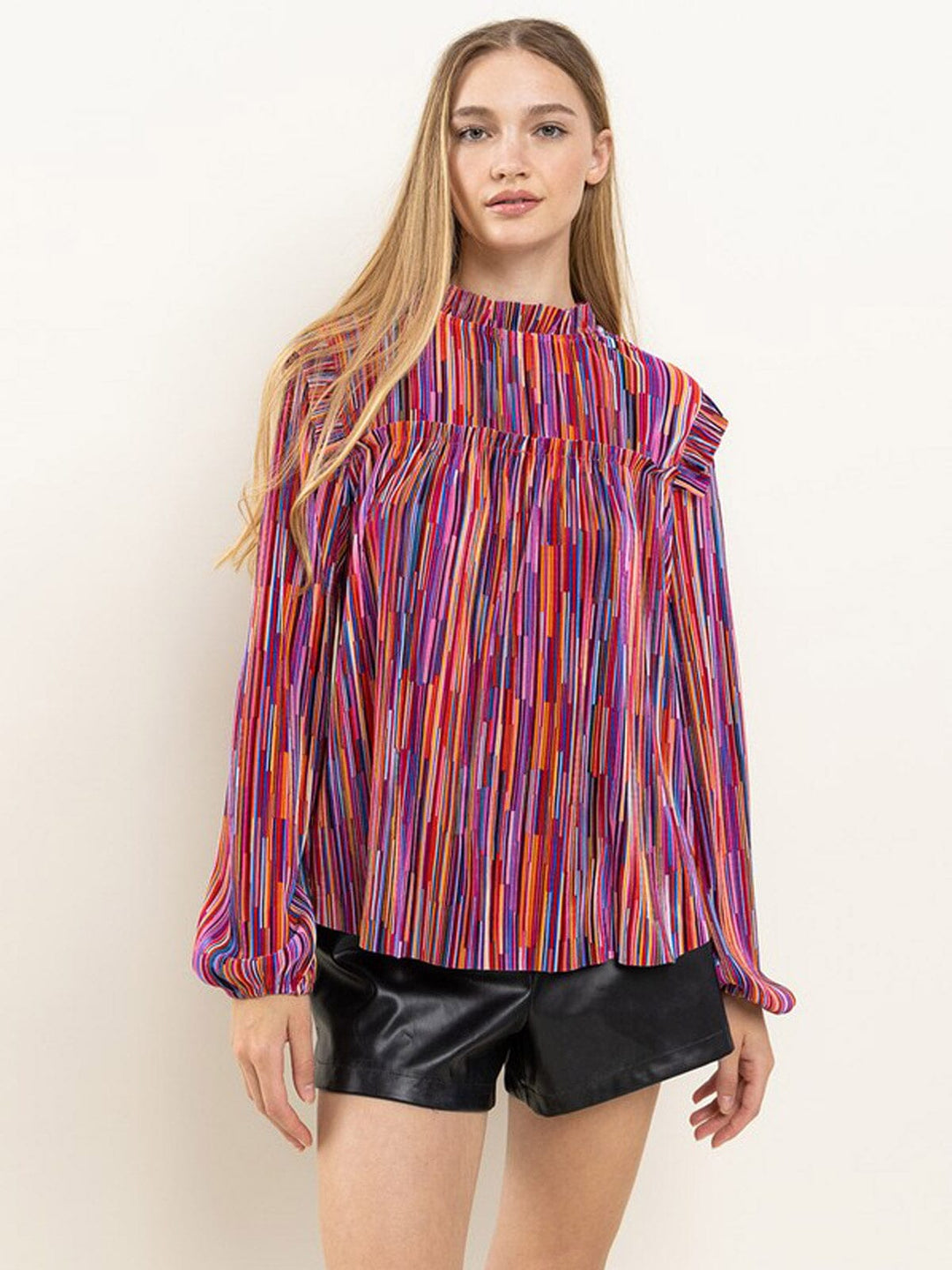 WOMEN'S LONG SLEEVE MOCK NECK RUFFLE BLOUSE MULTI BLOUSE TOP