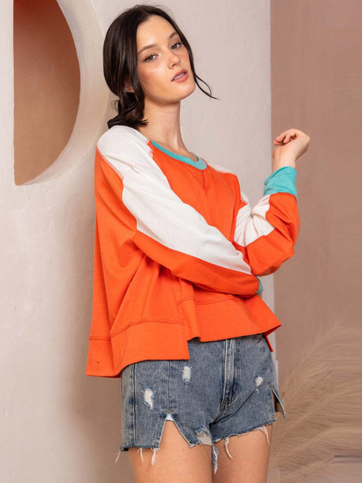WOMEN'S LONG SLEEVE HIGH-LOW COLORBLOCK OVERSIZED TOP