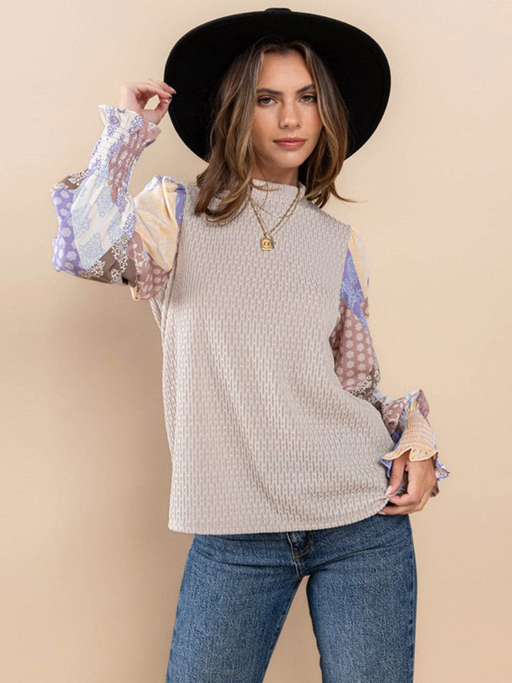 WOMEN'S LONG PRINTED SLEEVE DETAILED BLOUSE
