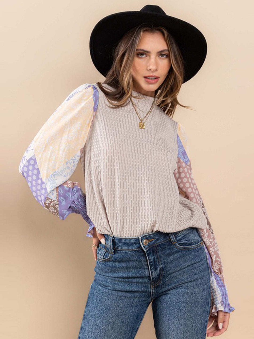 WOMEN'S LONG PRINTED SLEEVE DETAILED BLOUSE