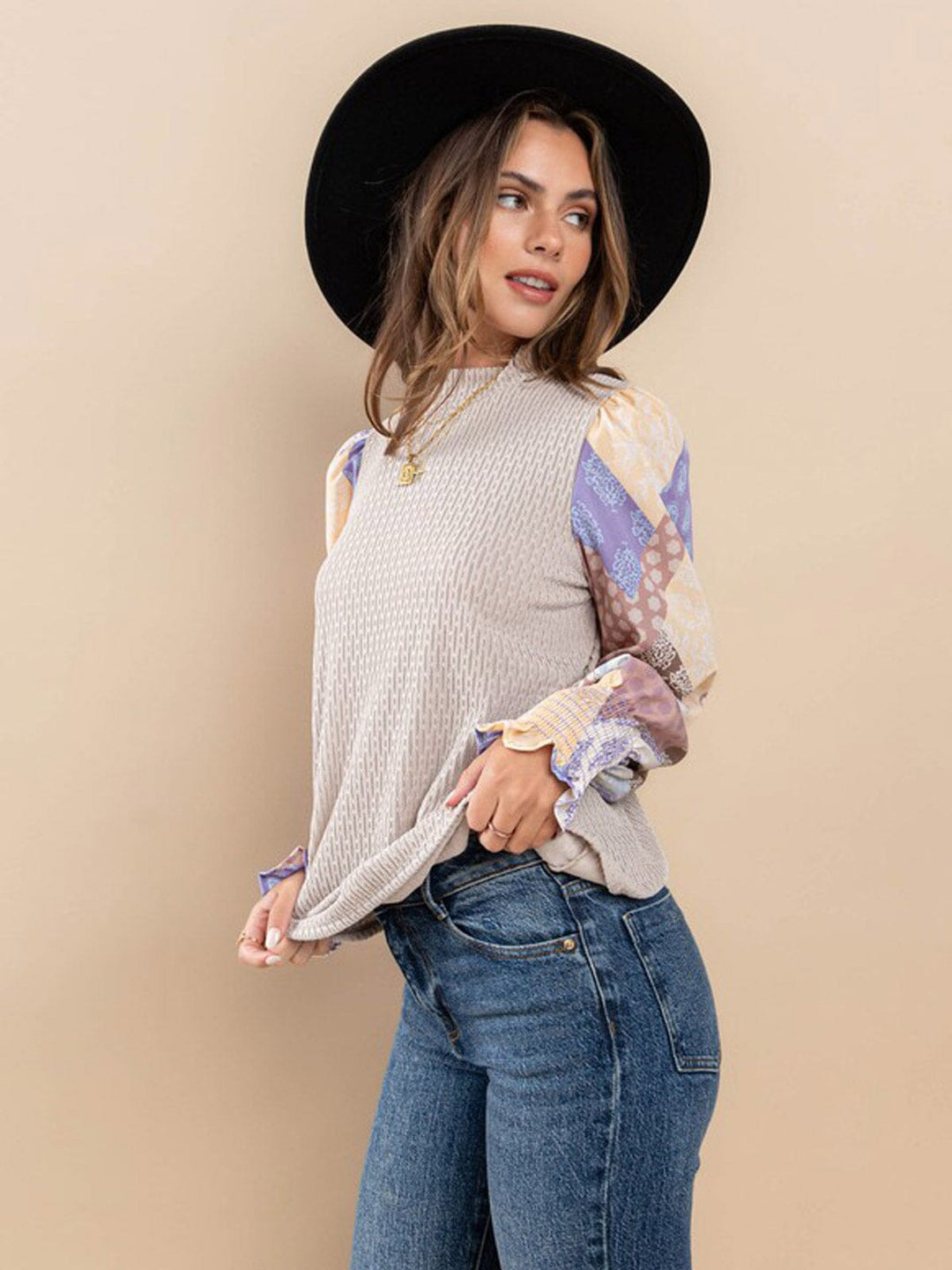 WOMEN'S LONG PRINTED SLEEVE DETAILED BLOUSE