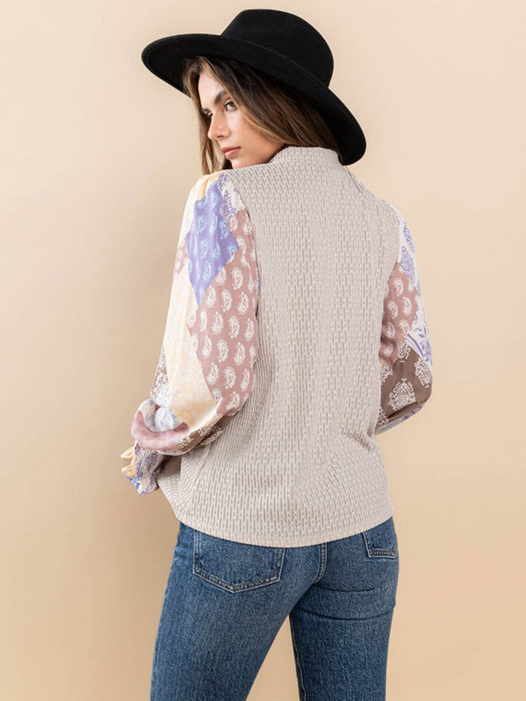 WOMEN'S LONG PRINTED SLEEVE DETAILED BLOUSE