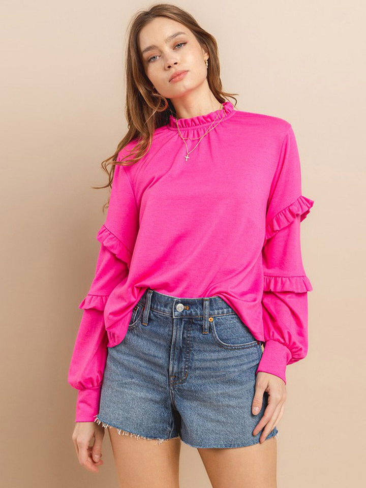 WOMEN'S LONG RUFFLE SLEEVE MOCK NECK BLOUSE