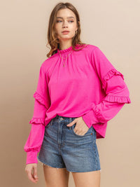 WOMEN'S LONG RUFFLE SLEEVE MOCK NECK BLOUSE