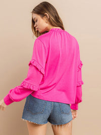 WOMEN'S LONG RUFFLE SLEEVE MOCK NECK BLOUSE
