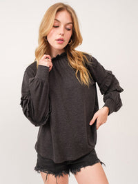 WOMEN'S LONG RUFFLE SLEEVE MOCK NECK BLOUSE
