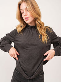 WOMEN'S LONG RUFFLE SLEEVE MOCK NECK BLOUSE