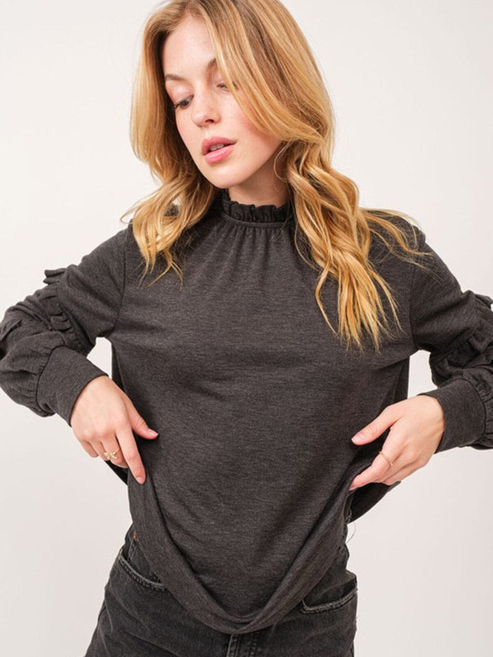 WOMEN'S LONG RUFFLE SLEEVE MOCK NECK BLOUSE