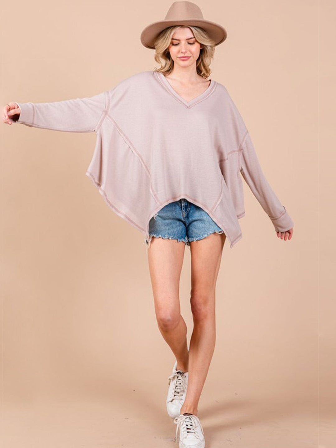 WOMEN'S LONG SLEEVE V-NECK HIGH-LOW TOP