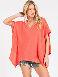 WOMEN'S SHORT SLEEVE HIGH-LOW V-NECK TUNIC OVERSIZED WAFFLE TOP