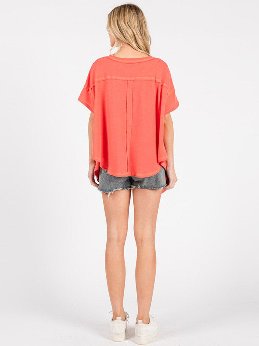 WOMEN'S SHORT SLEEVE HIGH-LOW V-NECK TUNIC OVERSIZED WAFFLE TOP