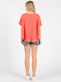 WOMEN'S SHORT SLEEVE HIGH-LOW V-NECK TUNIC OVERSIZED WAFFLE TOP