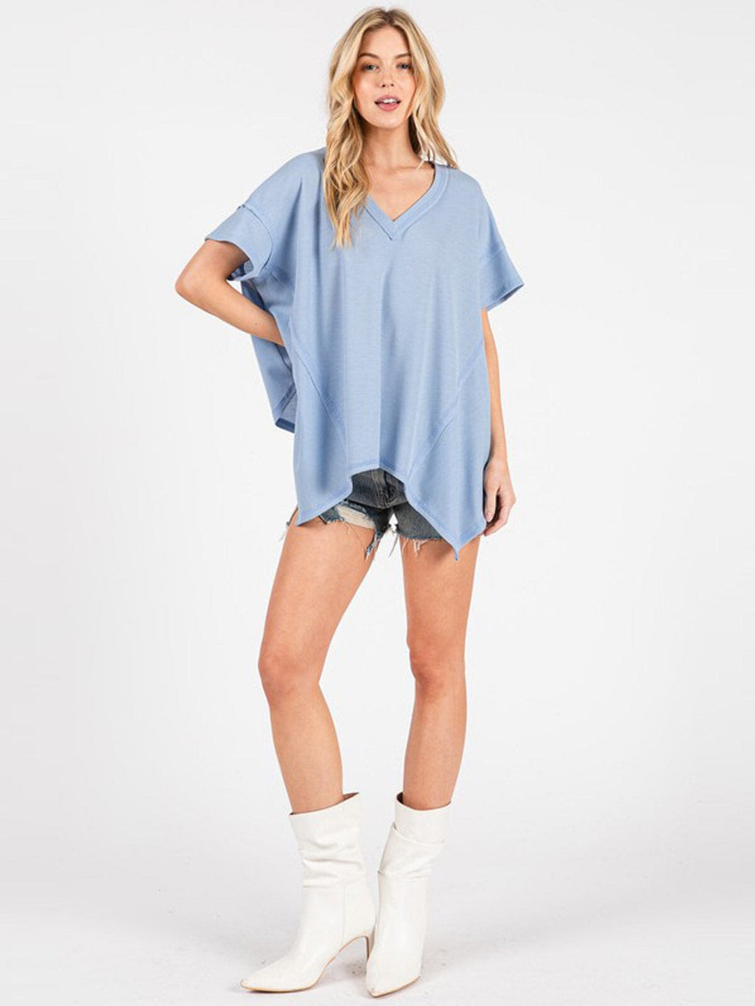 WOMEN'S SHORT SLEEVE HIGH-LOW V-NECK TUNIC OVERSIZED WAFFLE TOP