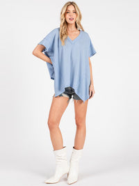 WOMEN'S SHORT SLEEVE HIGH-LOW V-NECK TUNIC OVERSIZED WAFFLE TOP
