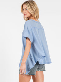 WOMEN'S SHORT SLEEVE HIGH-LOW V-NECK TUNIC OVERSIZED WAFFLE TOP