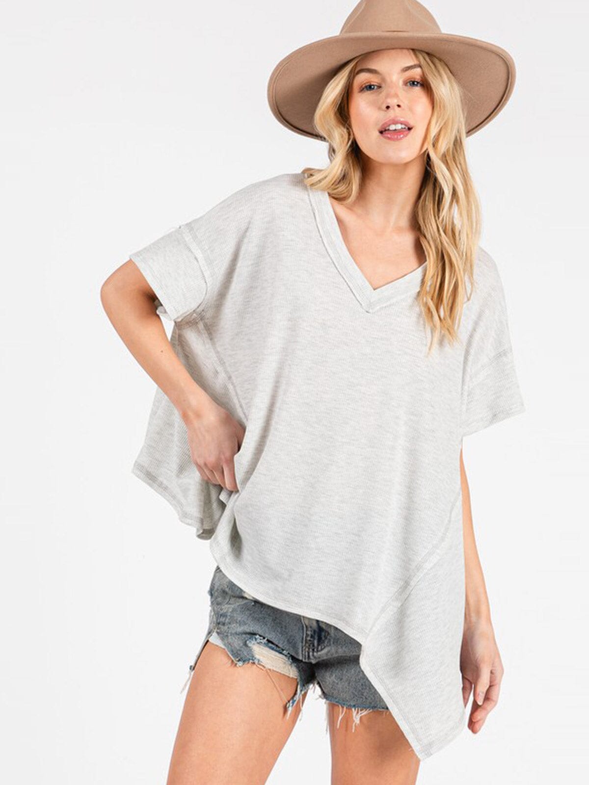 WOMEN'S SHORT SLEEVE HIGH-LOW V-NECK TUNIC OVERSIZED WAFFLE TOP