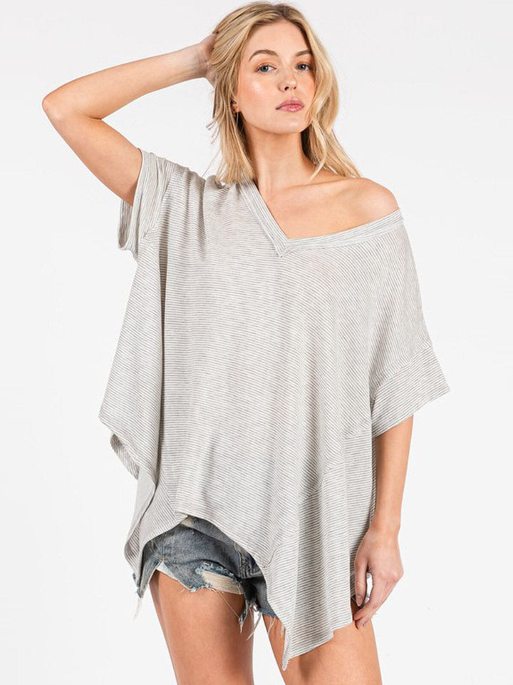 WOMEN'S SHORT SLEEVE HIGH-LOW V-NECK TUNIC OVERSIZED STRIPES TOP