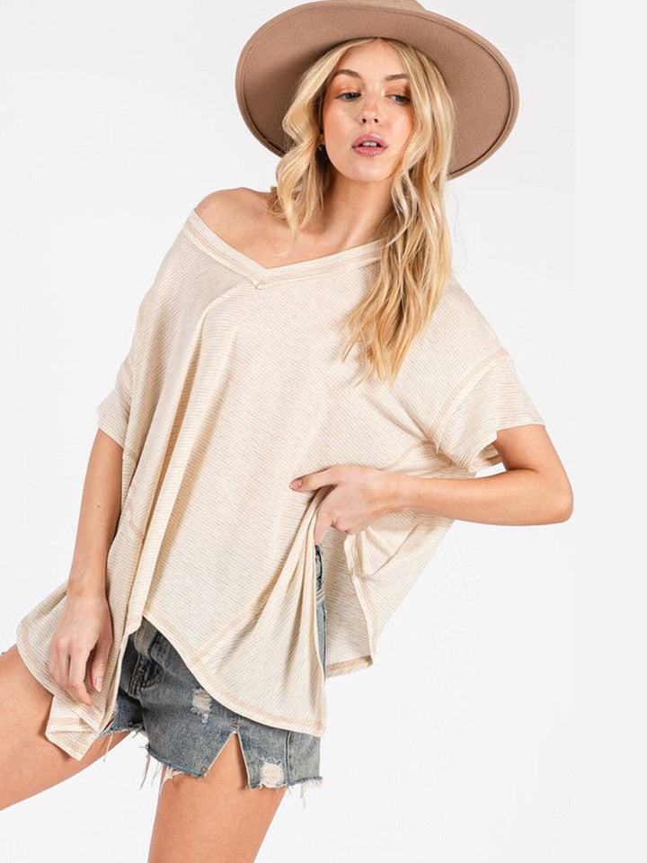 WOMEN'S SHORT SLEEVE HIGH-LOW V-NECK TUNIC OVERSIZED STRIPES TOP