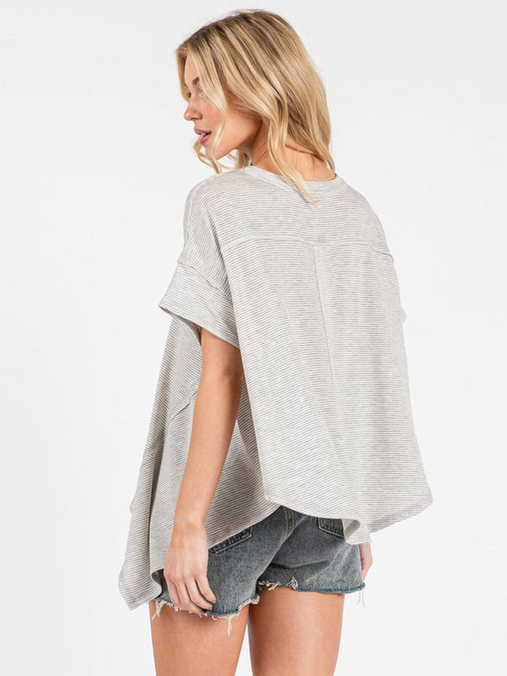 WOMEN'S SHORT SLEEVE HIGH-LOW V-NECK TUNIC OVERSIZED STRIPES TOP