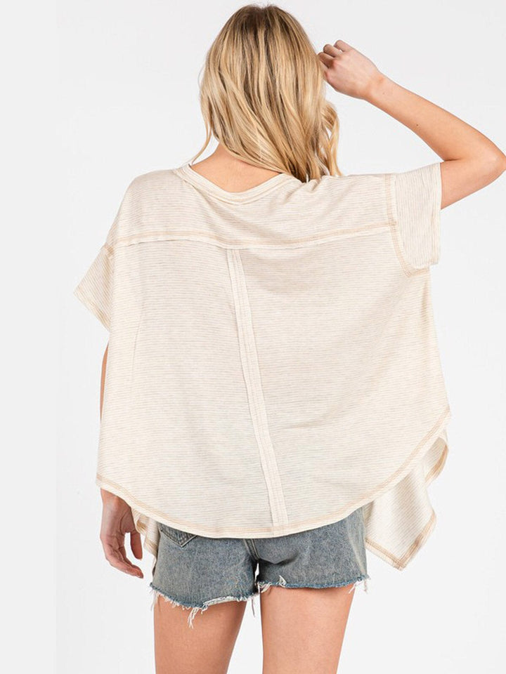 WOMEN'S SHORT SLEEVE HIGH-LOW V-NECK TUNIC OVERSIZED STRIPES TOP