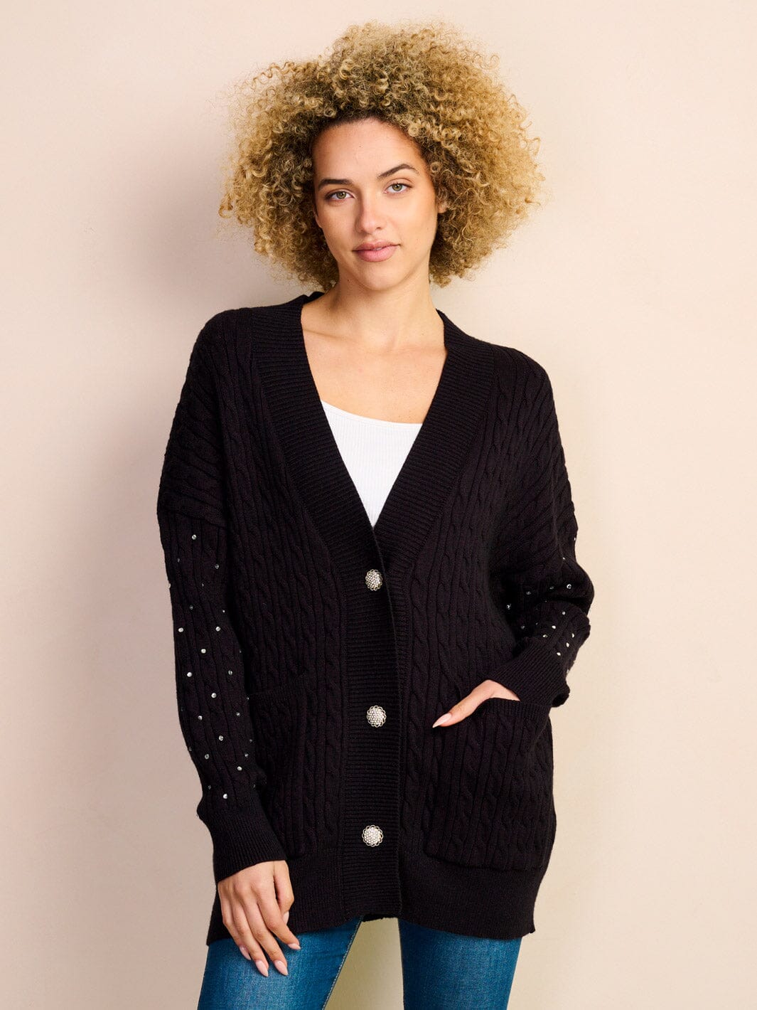 WOMEN'S LONG SLEEVE BUTTON UP STUDS DETAILED KNIT POCKETS CARDIGAN