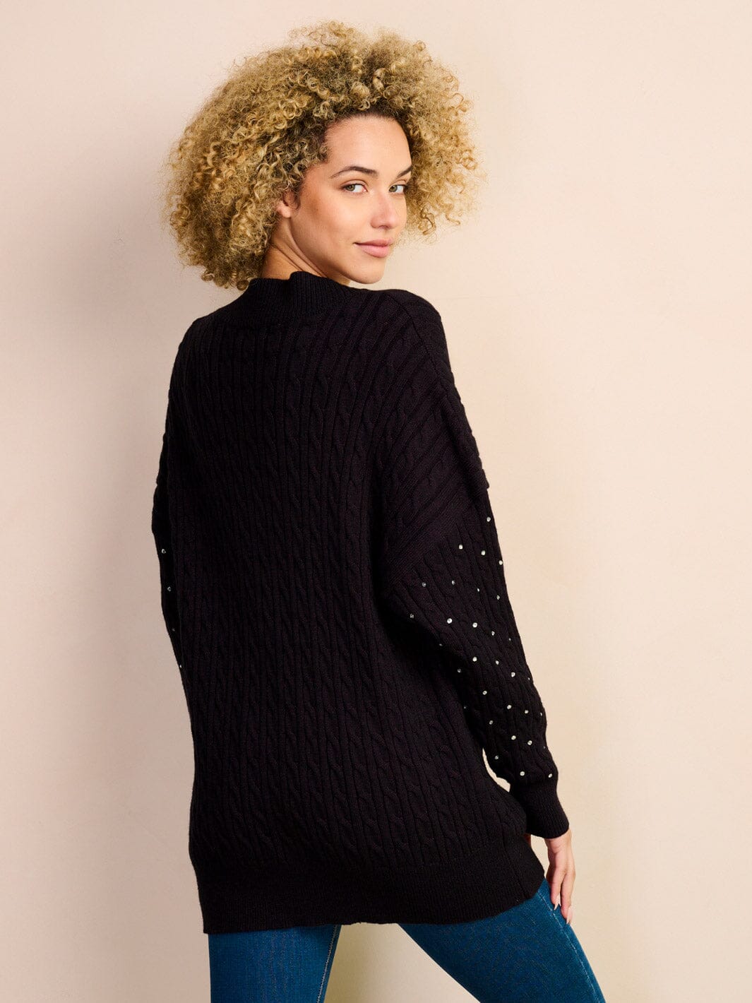 WOMEN'S LONG SLEEVE BUTTON UP STUDS DETAILED KNIT POCKETS CARDIGAN