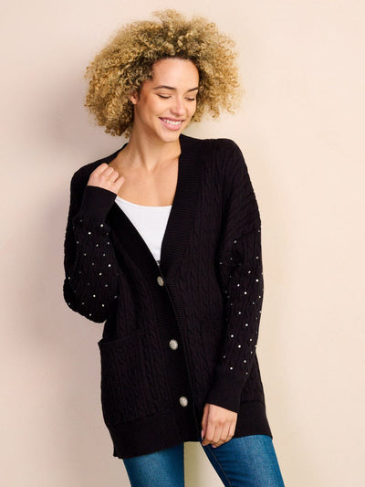 WOMEN'S LONG SLEEVE BUTTON UP STUDS DETAILED KNIT POCKETS CARDIGAN