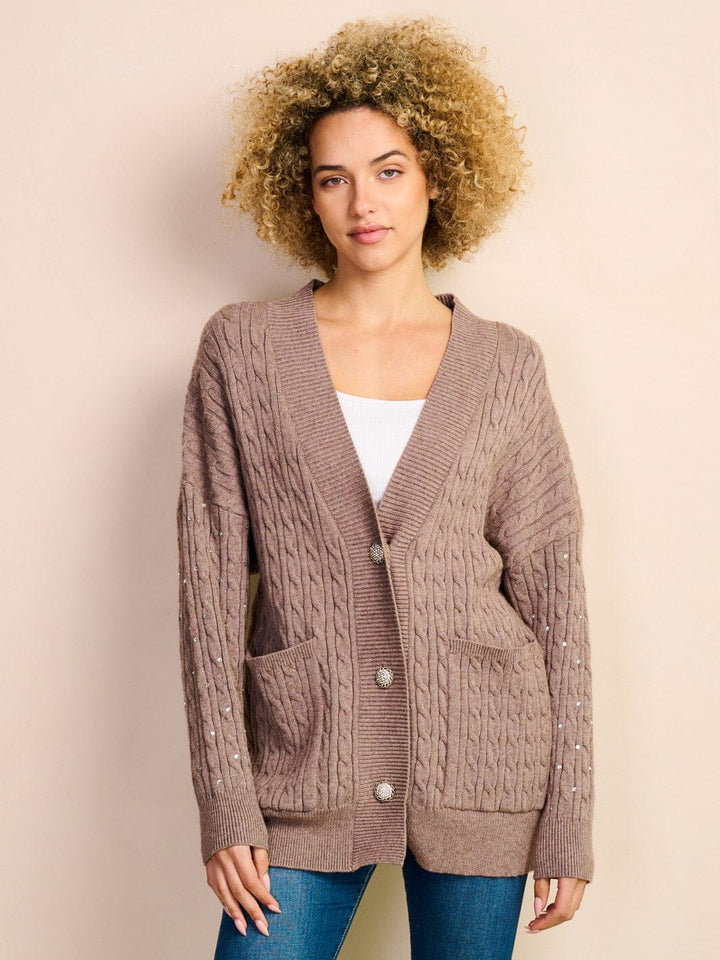 WOMEN'S LONG SLEEVE BUTTON UP STUDS DETAILED KNIT POCKETS CARDIGAN