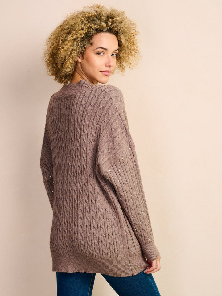 WOMEN'S LONG SLEEVE BUTTON UP STUDS DETAILED KNIT POCKETS CARDIGAN