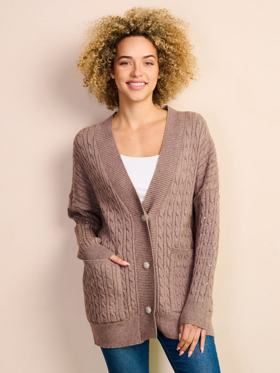 WOMEN'S LONG SLEEVE BUTTON UP STUDS DETAILED KNIT POCKETS CARDIGAN