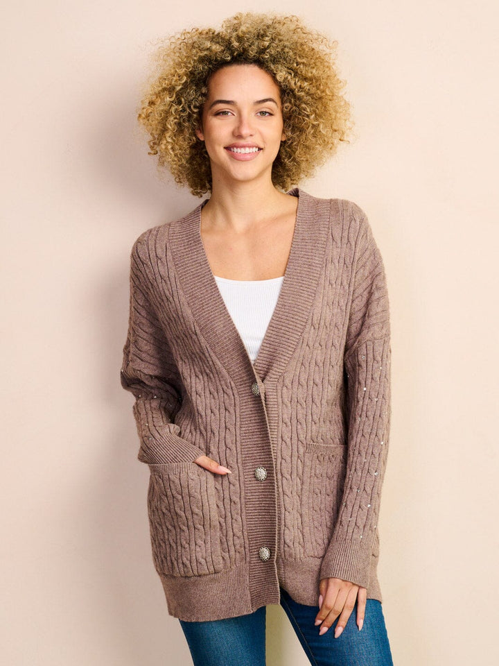 WOMEN'S LONG SLEEVE BUTTON UP STUDS DETAILED KNIT POCKETS CARDIGAN