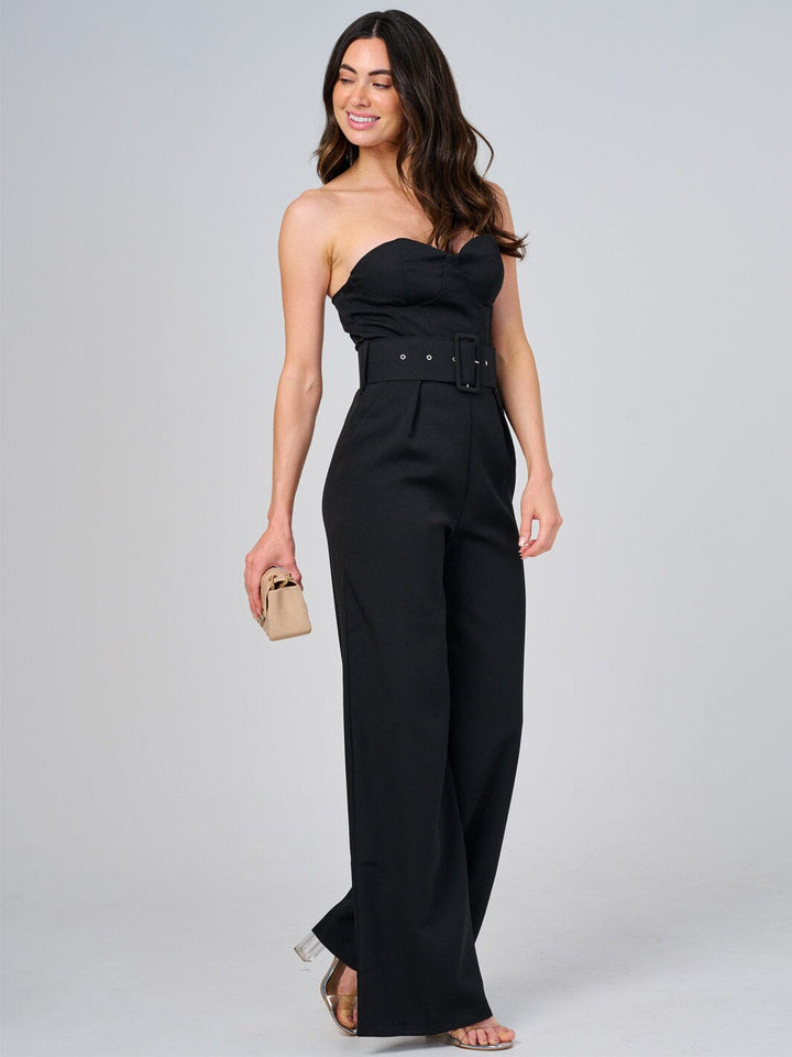WOMEN'S SLEEVELESS FRONT POCKETS BELTED WIDE LEG JUMPSUIT