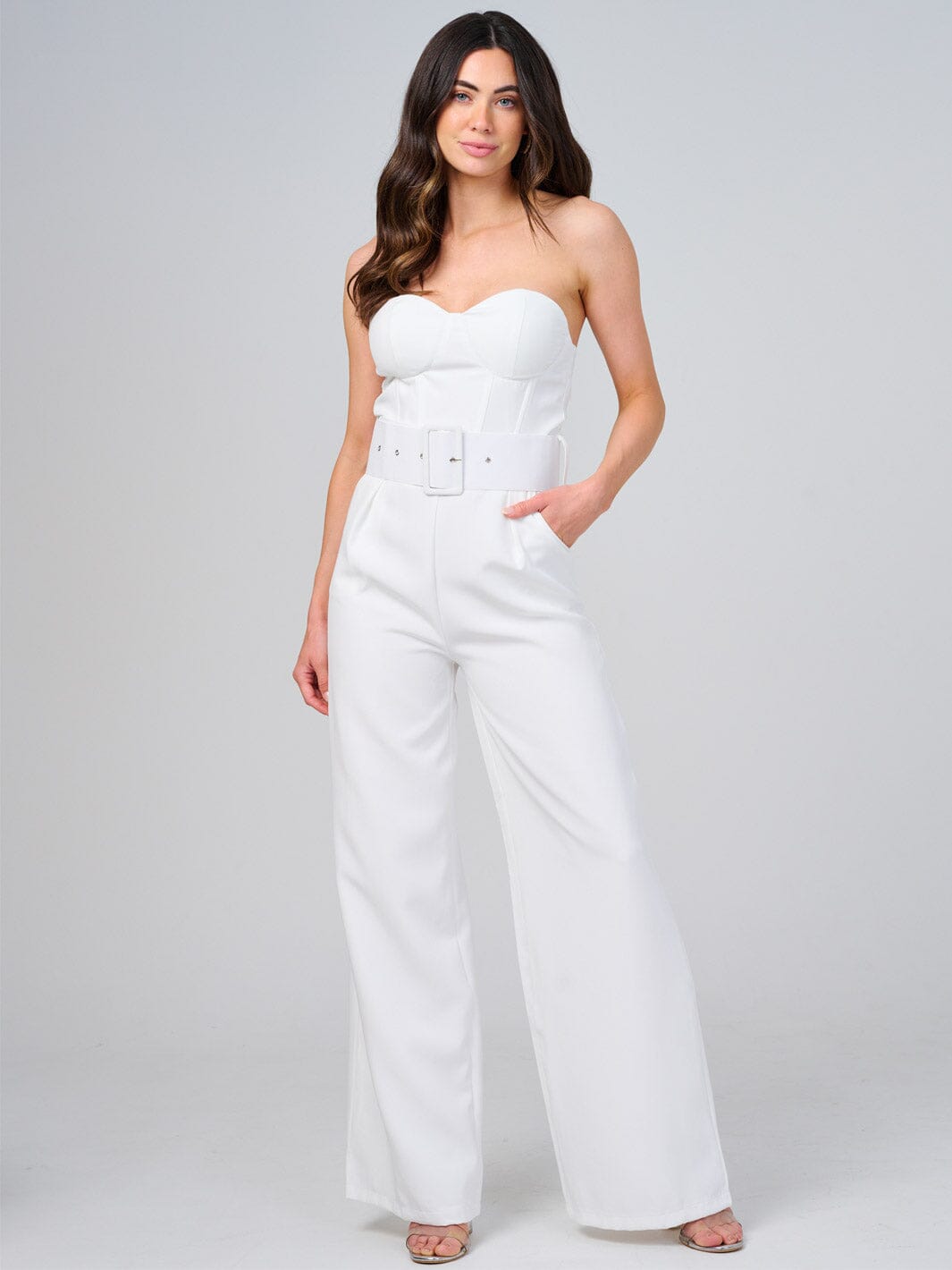 WOMEN'S SLEEVELESS FRONT POCKETS BELTED WIDE LEG JUMPSUIT