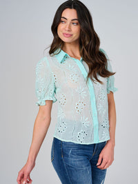 WOMEN'S SHORT SLEEVE BUTTON UP EYELET BLOUSE