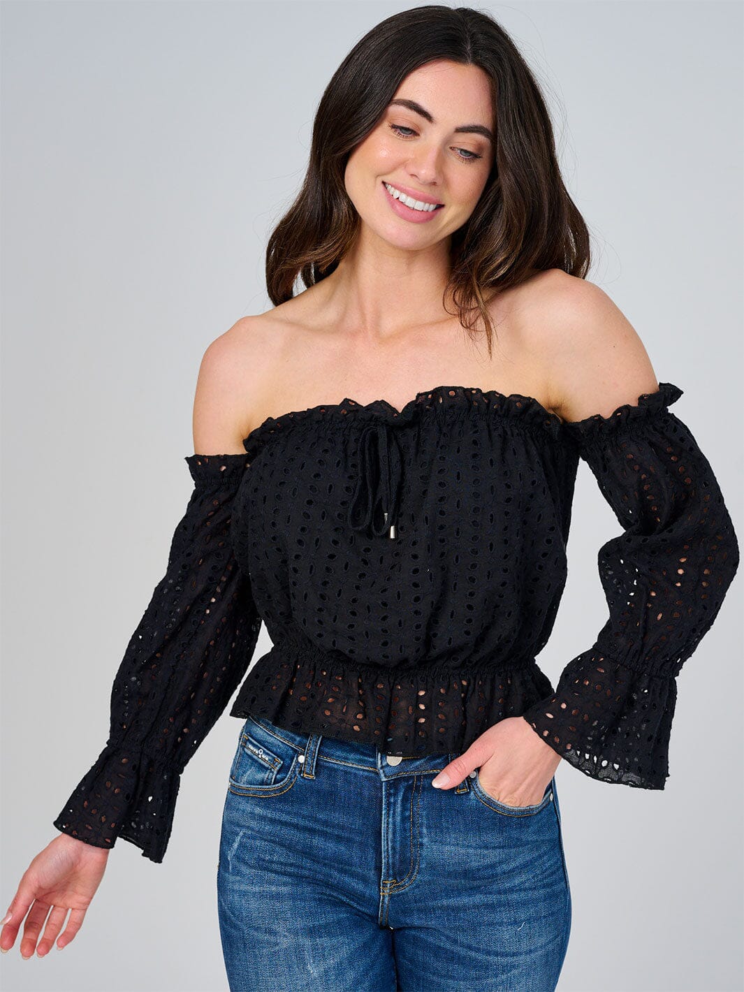 WOMEN'S OFF SHOULSER LONG SLEEVE ELASTIC WAIST EYELET TOP
