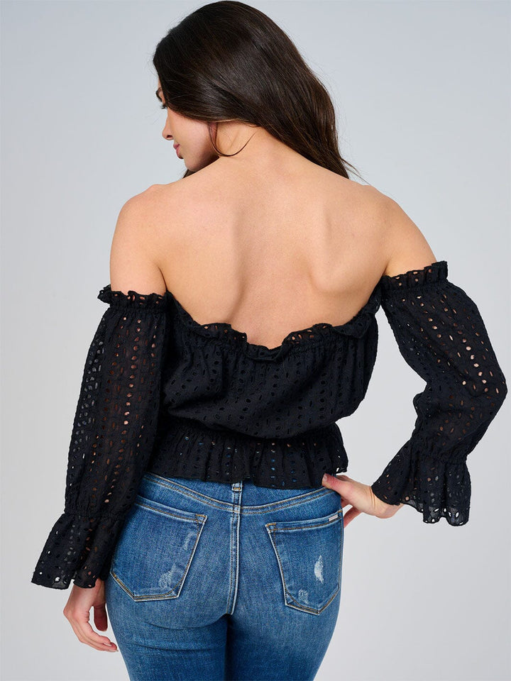 WOMEN'S OFF SHOULSER LONG SLEEVE ELASTIC WAIST EYELET TOP