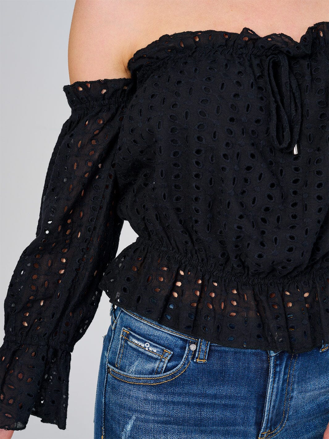 WOMEN'S OFF SHOULSER LONG SLEEVE ELASTIC WAIST EYELET TOP